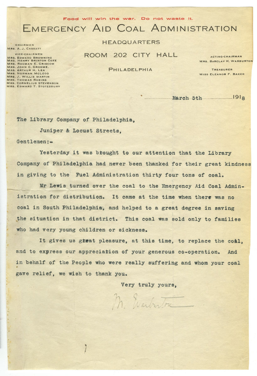 Letter from Mary Warburton, Emergency Aid Coal Administration, to Library Company of Philadelphia, March 5, 1918.
