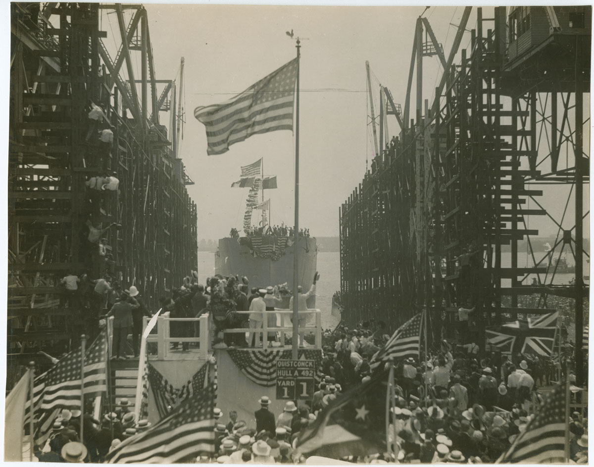 President and Mrs. Wilson launch first ship at Hog’s Island, August 5, 1918. Gelatin silver photograph.