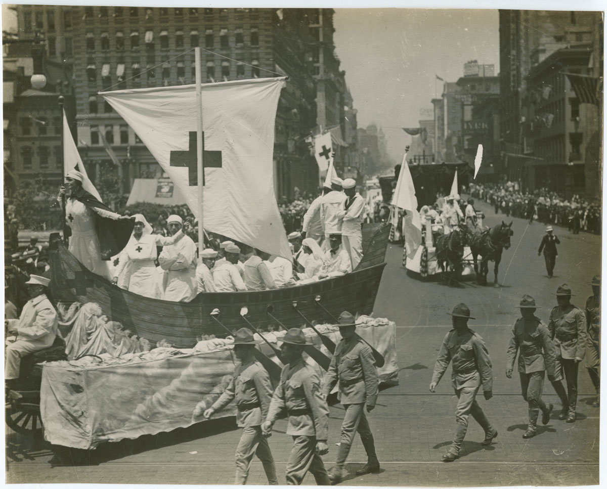 Floats in Red Cross Parade to Aid Big Drive for Membership, possibly June 22, 1917. Gelatin silver photograph.