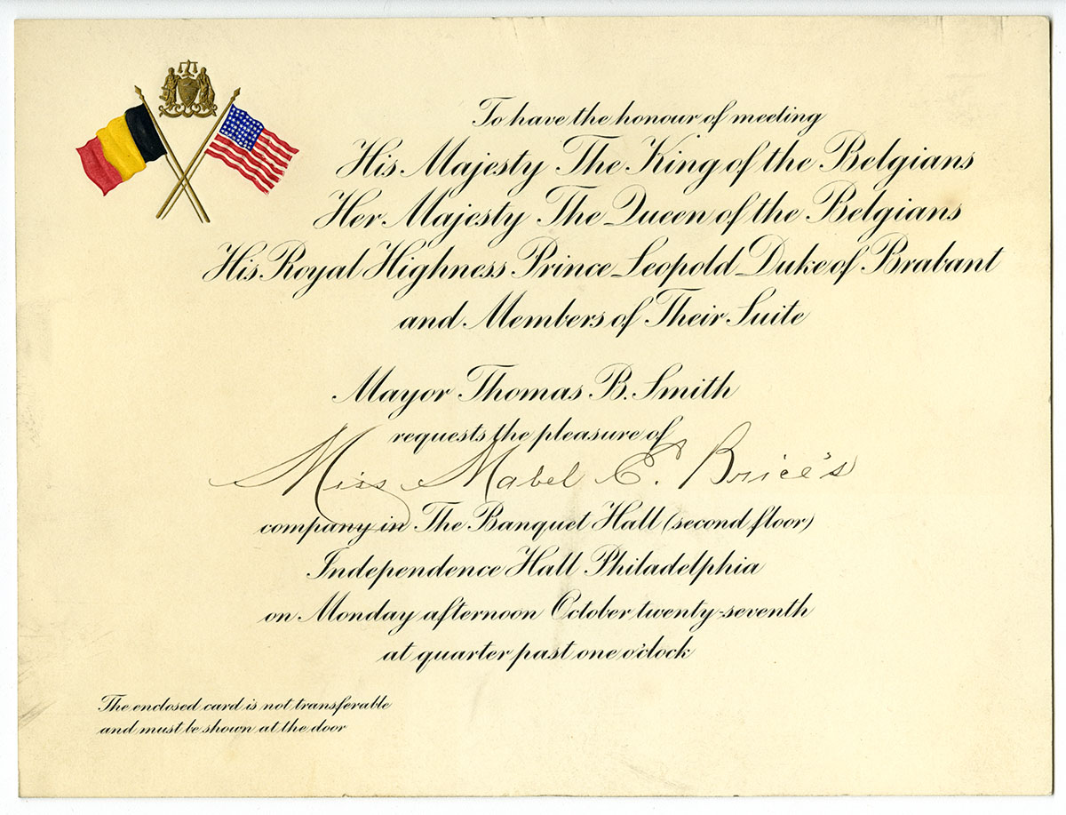 Invitation for Miss Mabel Brice to attend the ceremony at Independence Hall (Philadelphia, 1919). Loan courtesy of the Historical Society of Pennsylvania.